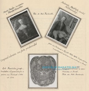 Nahoře: Obraz hraběnky Marie Pauly a Antonína Bedřicha, hraběte Mitrovického. Dole: Erb Františka Josefa, hraběte z Oppensdorfu [str. 27]