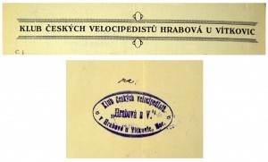 Záhlaví korespondenčního papíru Klubu českých velocipedistů v Hrabové u Vítkovic a jeho razítko, z dokumentů pocházejících z 20. let 20. stol.