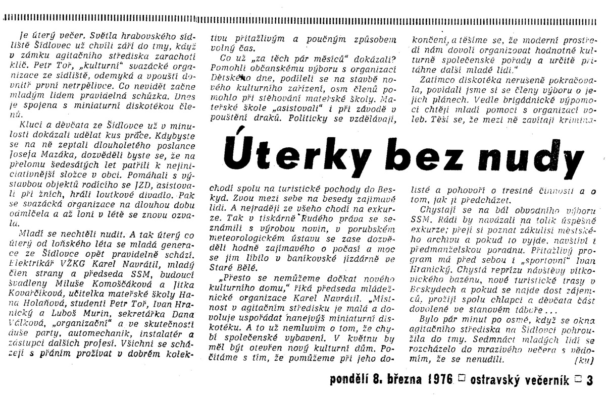 Článek o svazácké organizaci ze Šídlovce (8. březen 1976)