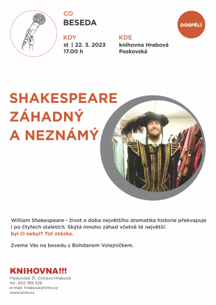 Beseda v naší knihovně: Shakespeare záhadný a neznámý – 22.3. 2023