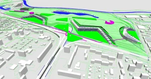 „Pohled na vodíkové město, které vznikne na haldě Hrabůvka u Ostravského moře (vizualizace) Foto: Architekt Josef“